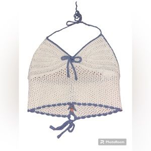 Crocheted back tie halter crop top 
White and blue
Size medium